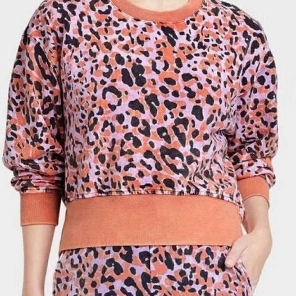 Joy Lab Crop Top Sweatshirt S Crew Leopard Orange Pink Black Size M